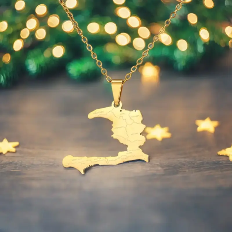 【Christmas Gift Ideas】Haiti Map Pendant Necklace Titanium Steel Couple Necklace Gift for Men and Women
