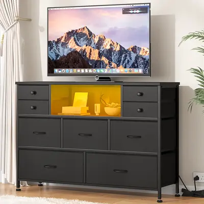 【FallDealsForYou】AOWOS 9 Drawer Dresser, Dressers for Bedroom TV Stand with Power Outlets LED Lights, Fabric Drawer, Ches...