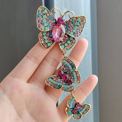 Rhinestone Triple Butterfly Brooch Pins