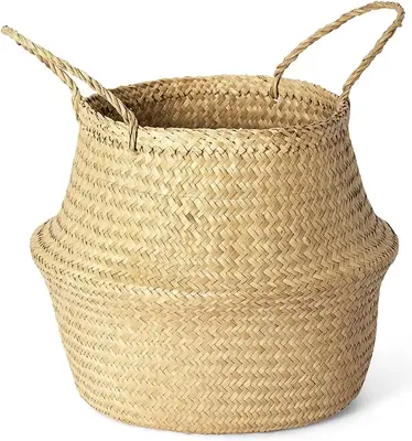 Woven Seagrass Plant Basket, Indoor Wicker Belly Basket Planter with Handle, Natural Flower Pot, Suitable for Fiddle Leaf Fic...