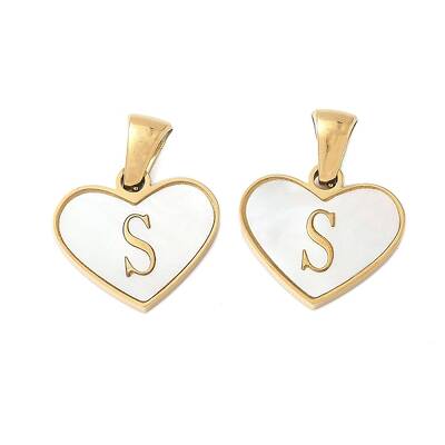 304 Stainless Steel Pave Natural White Shell Heart with Initial Slice Pendants