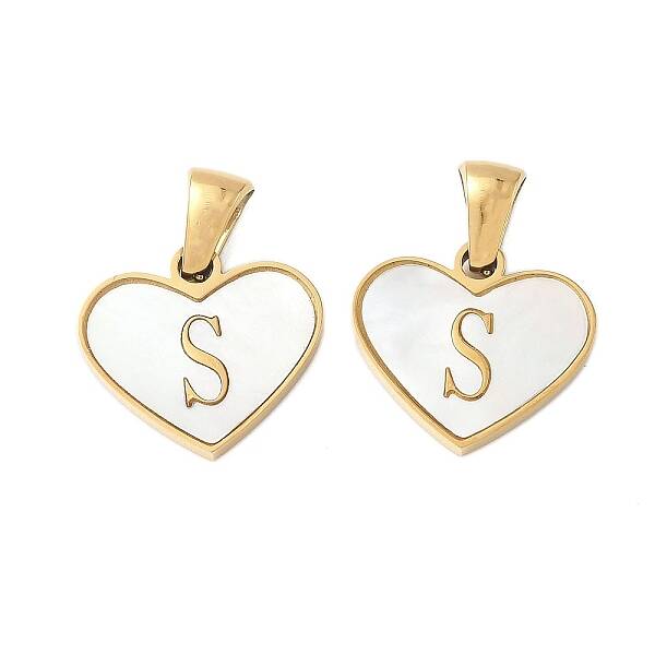 304 Stainless Steel Pave Natural White Shell Heart with Initial Slice Pendants