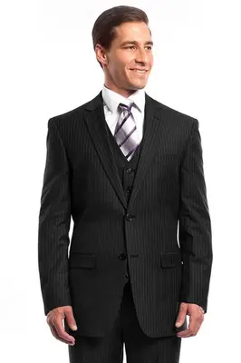 Black Pinstripe Men's Business Suit - Two Button Vested Style