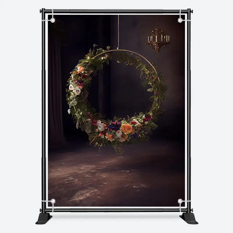 Circle Flowers Wreath Dark Photography Backdrop - Aperturee