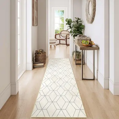 Garvee Washable Modern 2x6 Runner Rug, Soft Low Pile, Non Slip Backing, Faux Wool, Ultra Thin Foldable, Beige, Entryway Laund...