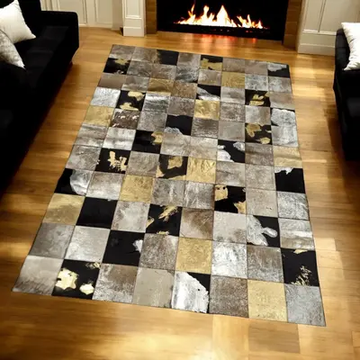 Beige, Black and Gold Leaf Cowhide Patchwork Rug