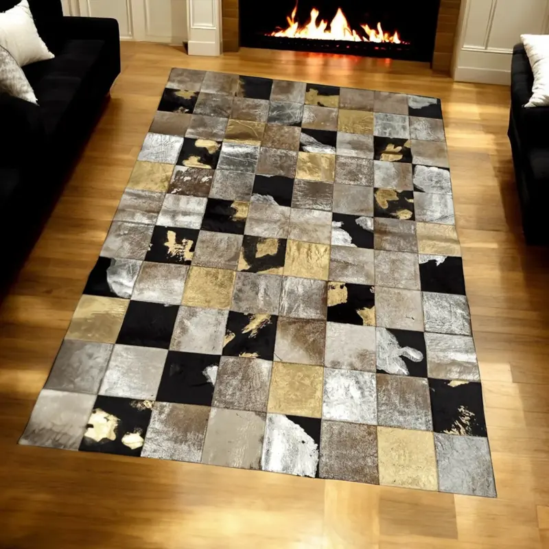 Beige, Black and Gold Leaf Cowhide Patchwork Rug