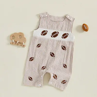 Newborn Baby Boy Football Embroidered Overalls Plaid Smocked Sleeveless Shorts Jumpsuit Cute Summer Clothes 0-18 Months