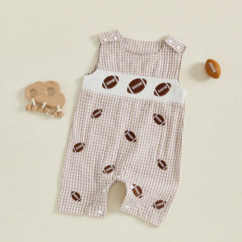 Newborn Baby Boy Football Embroidered Overalls Plaid Smocked Sleeveless Shorts Jumpsuit Cute Summer Clothes 0-18 Months