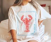Lobster Graphic T-Shirt | French Coastal Distressed Tee | Oversized Coquette Aesthetic Shirt | Nautical Fisherman Style