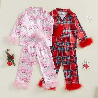 Baby Girl 2Pcs Christmas Pajamas Long Sleeve Feather Trim Shirt + Pants Set Toddler Sleepwear