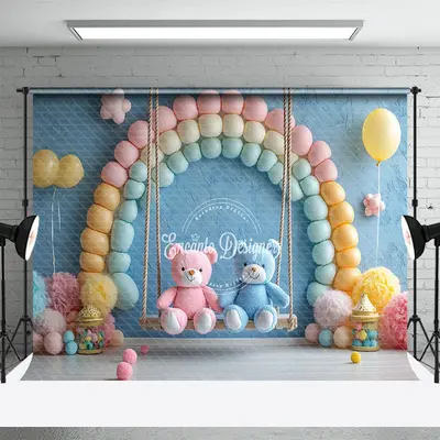 Aperturee Rainbow Blue Wall Swing Bear Cake Smash Backdrop, 3X2FT(1MX0.6M), 14 USD, birthday cake smash backdrops, ENHD1J57-M