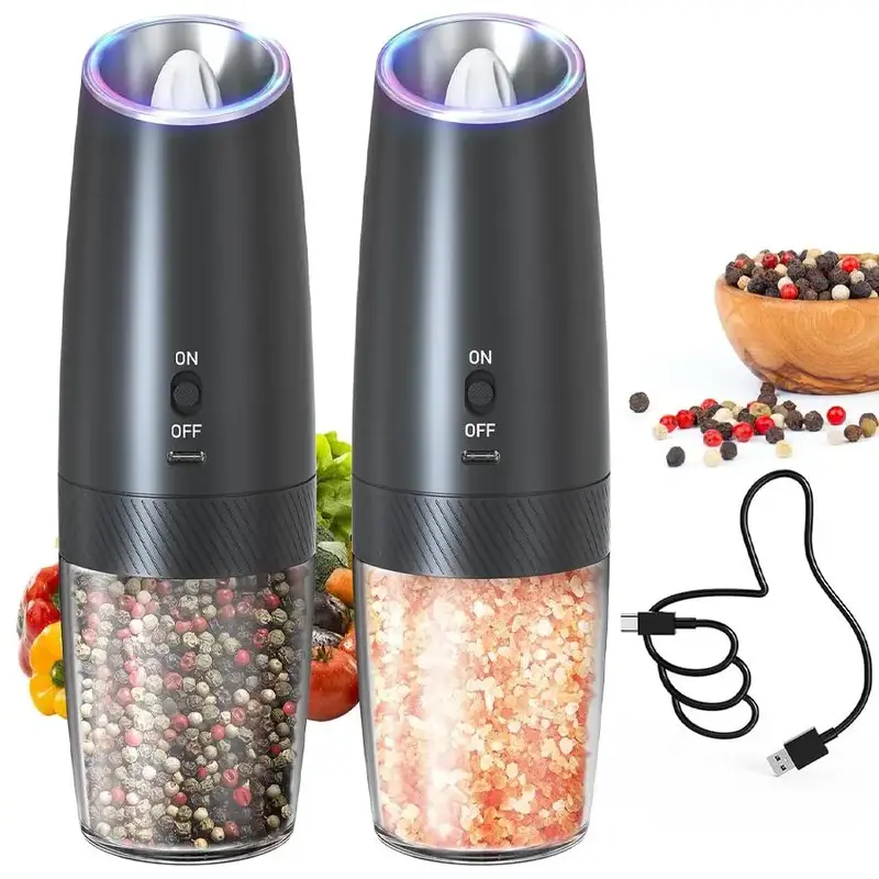 Electric Pepper Grinder, 1/2 Counts USB Charging Automatic Pepper Grinding Shaker, Adjustable Pepper Mill with LED Light