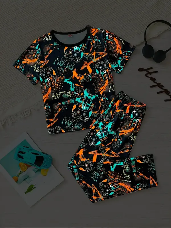 Two-piece Set Boy's Grow In The Dark Game Console Tie Dye Print Short Sleeve Tee & Elastic Waist Pants Set, Casual Round Neck...