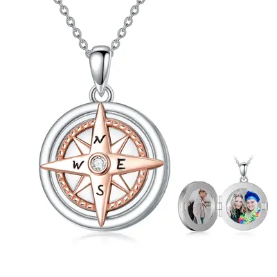 Sterling Silver Two-tone Cubic Zirconia Compass Personalized Photo Locket Necklace