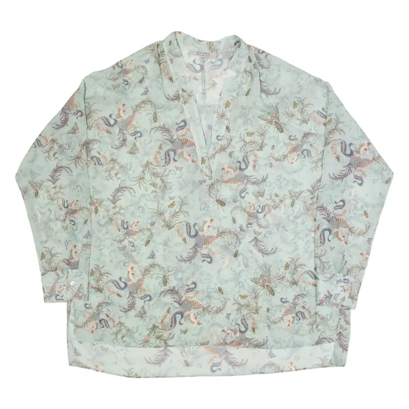 ALL SAINTS Sheer Womens Printed Blouse Green V-Neck Crazy Pattern UK 12