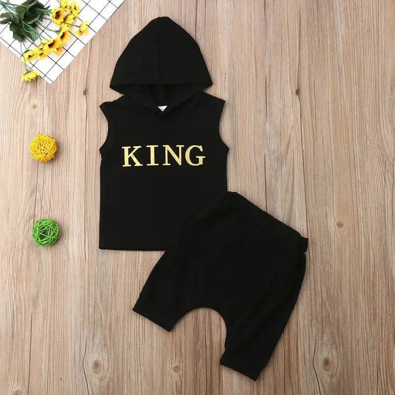 Baby Boy's Summer Outfits Sets Hooded King Letter Print Sleeveless Vest Top + Solid Color Shorts