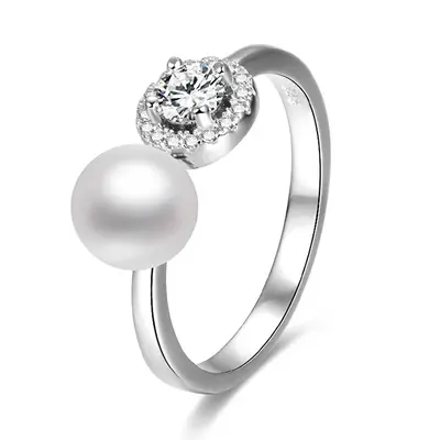 Beneto Open silver ring with zirconia and pearl AGG339 - Size: M (56-59 mm)