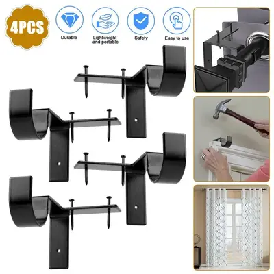 4Pcs Hole-Free Hang Curtain Bracket Rod Holders Single Hook Into Window Frame Organiser Set