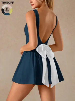 TIMEOFF Ladies' Soft Nude Skin Friendly Fabric Bow Sports Suspender Dress with Built-in Shorts Simple Deep V-back Design Susp...
