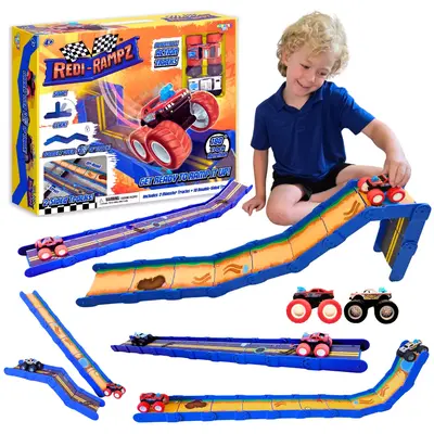 Redi-Rampz: STEM Ramp Builder Set – 10 Modular Track Pieces with Adjustable Angles + 2 Monster Trucks | Build Custom Ramps,...