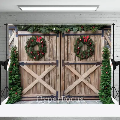 Retro Wooden Door Tree Wreath Christmas Vibe Backdrop - Aperturee