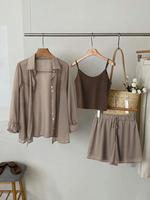 【Plus Size】 Three-Piece Set Solid Color Set, Casual Long Sleeve Button Shirt & Crop Cami Top & Shorts Set, Women's for Da...