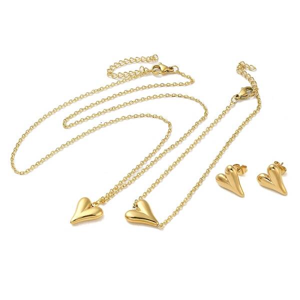 Heart 304 Stainless Steel Pendant Necklaces & Bracelets & Stud Earrings Sets for Women