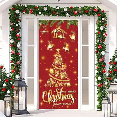 Glitter Golden Xmas Tree Red Christmas Door Cover - Aperturee