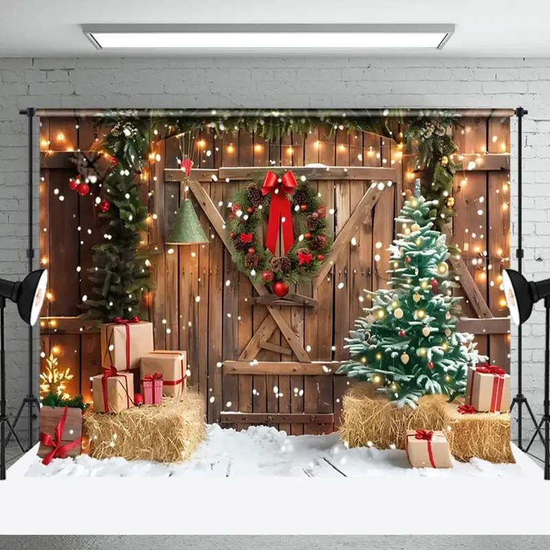 Aperturee Barn Door Wreath Christmas Photography Backdrop