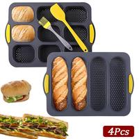 Silicone Baguette Baking Mold, 4 Counts/set Including 2 Counts Baguette Food Baking Pan with Spatula & Oil Brush, Heat Resist...