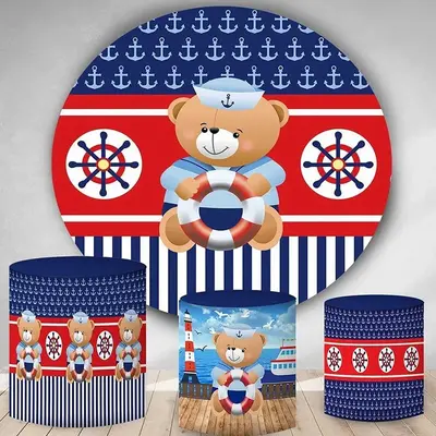Aperturee Sea Blue And Red Teddy Bear Round Birthday Backdrop Kit | Circle Party Backdrop | Round Birthday Backdrop Cover | B...