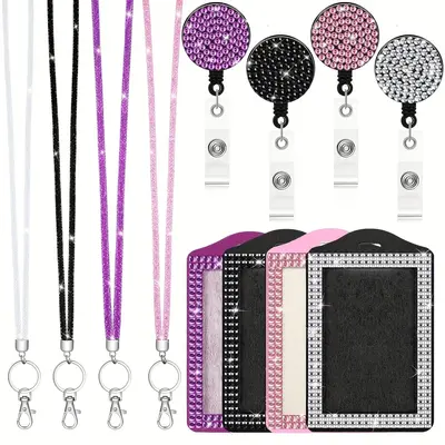 Rhinestone Decorated Lanyard Card Holder Set, 1 Set Including Custom Lanyard & Card Holder & Keychain, Identification Badges ...