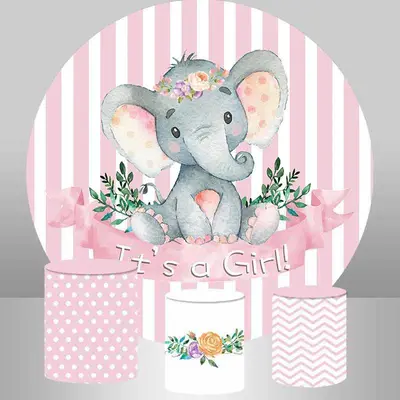 Aperturee Its A Girl Pink Round Elephant Baby Shower Backdrop | Custom Round Baby Shower Backdrop | Round Party Backdrop | Ro...