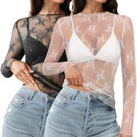 HOTOUCH Women's 2 Pack T-Shirts Basic Mesh Lace Long Sleeve Top Layering Top Mock Neck See Through Floral Lace Shirt Blouse L...