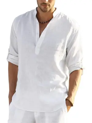 Cotton Linen Style Henley Shirt (US Only), White / S