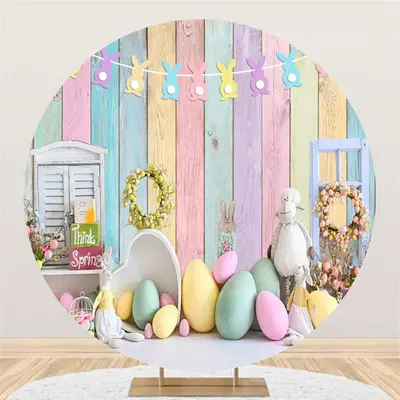 Colorful Eggs Wood Rerto Wall Round Easter Backdrop - Aperturee