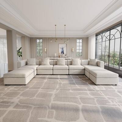 (Multi-package shipping) Guyii Beige L-Shaped Sectional Sofa with 3-5 Pillows & Storage Ottoman Ergonomic Comfortable Co