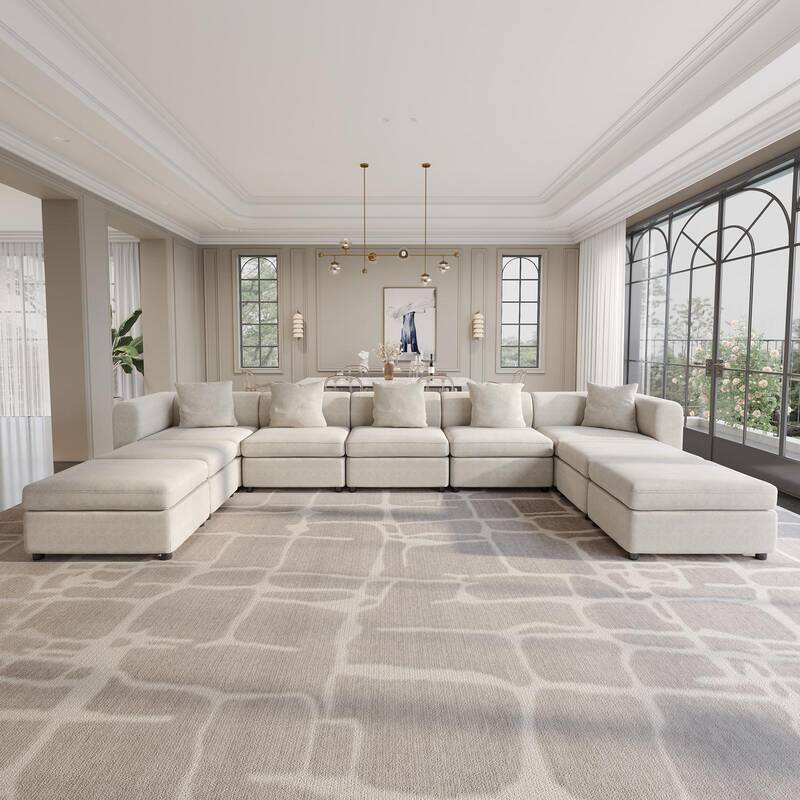 (Multi-package shipping) Guyii Beige L-Shaped Sectional Sofa with 3-5 Pillows & Storage Ottoman Ergonomic Comfortable Co