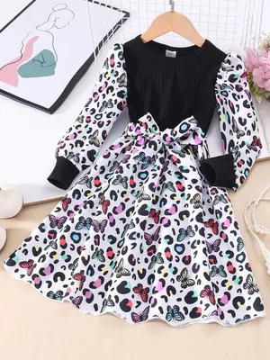 Girl's Butterfly Print Bow Front Belted Dress, Cute Bishop Sleeve A Line Dress for Party Holiday Wedding Guest, Kids Fall & W...