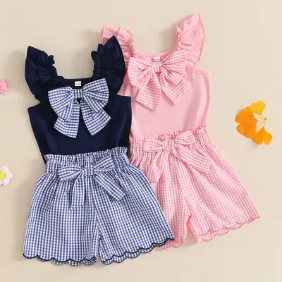 Infant Girls Baby Cute Fashion Summer Wear Sleeveless Ruffle Vest + Bow Decorated Plaid Print Shorts 2-Piece Set decor
