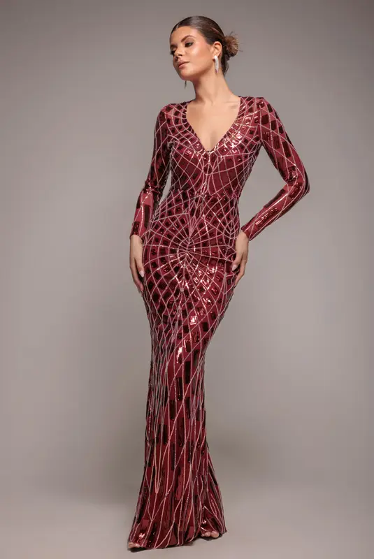 Goddiva Geo Sequin Long Sleeve Maxi Dress - Wine