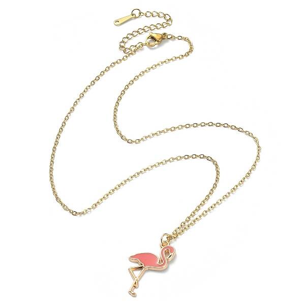 Alloy Enamel Flamingo Pendant Necklace with 304 Stainless Steel Chains