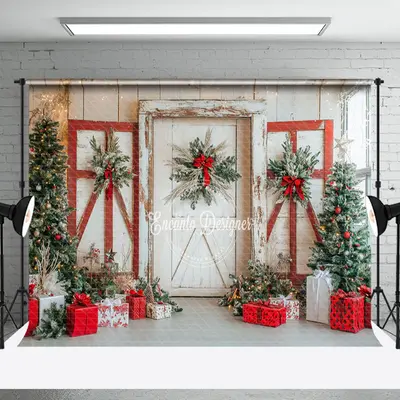 Aperturee Wood Door Red Poinsettia Decor Winter Christmas Backdrop | Christmas Scenic Backgrounds | Xmas Backdrop | Christmas...