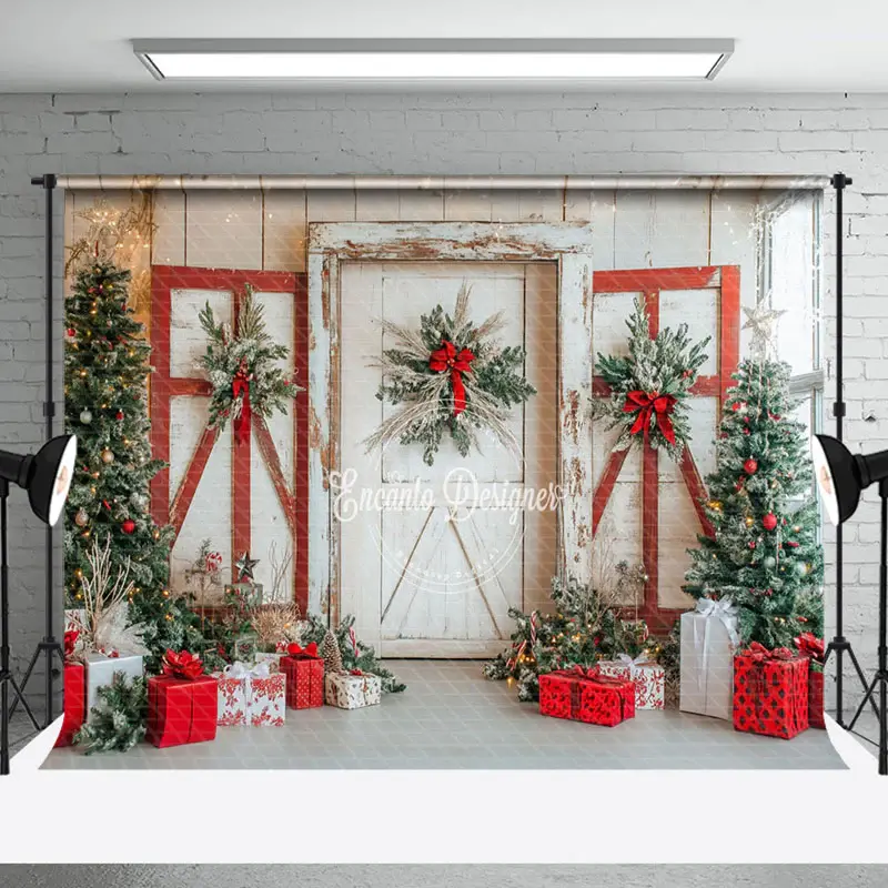 Aperturee Wood Door Red Poinsettia Decor Winter Christmas Backdrop | Christmas Scenic Backgrounds | Xmas Backdrop | Christmas...