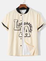 Men's Letter Print Baseball Collar Shirt, Regular Fit Casual Short Sleeve Top for Summer, Men's Clothes for Daily Wear, Mensw...