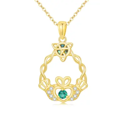 14K Gold Abalone & Cubic Zirconia Celtic Knot & Claddagh Pendant Necklace