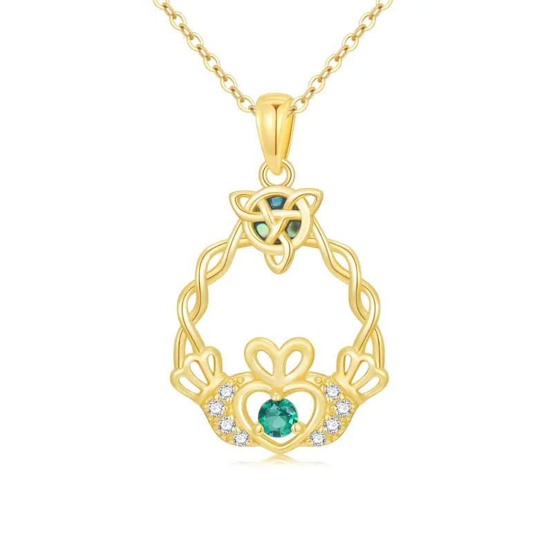 14K Gold Abalone & Cubic Zirconia Celtic Knot & Claddagh Pendant Necklace