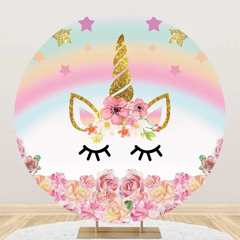 Round Star Rainbow Unicorn Floral Birthday Backdrop - Aperturee