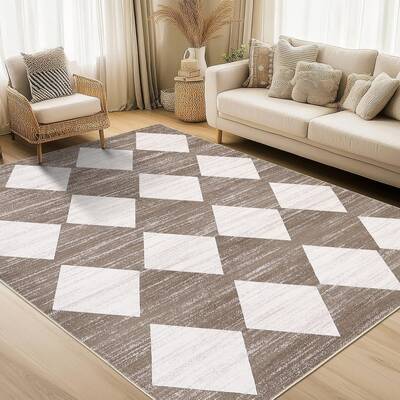 Garvee Plaid Brown 9x12 Machine Washable Checkered Area Rug, Non-Slip, Soft Low Pile, 100% Polyester, Durable Edge, Pet & Kid...